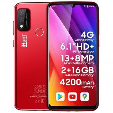 Telefon Mobil iHunt S22 Plus 2022, Procesor Quad-Core MTK6761, Ecran IPS 6.1inch, 2GB RAM, 16GB Flash, Camera Duala 13 + 5 MP, Wi-Fi, 4G, Dual SIM, Android (Rosu)