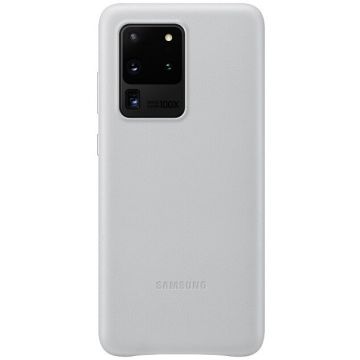 Husa de protectie Samsung pentru Galaxy S20 Ultra, Piele naturala, Gri deschis