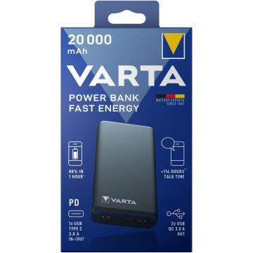 Baterie Portabila Varta Fast Energy, 20000mAh, Fast Charge, PD + QC, 2x USB-A, 1x USB-C, Argintiu