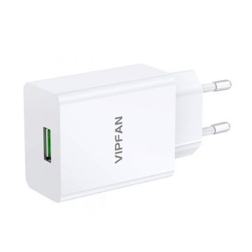 Incarcator priza Vipfan E03, 1x USB + cablu de incarcare Type-C, 18W, QC 3.0, Plastic, Alb