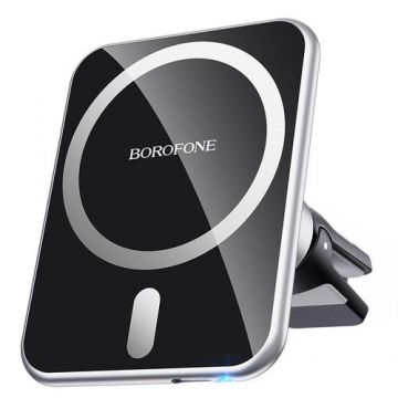 Suport Auto Wireless Borofone BH43 Xperience, Incarcare Wireless, 15W, MagSafe, Quick Charge, Air Vent (Negru/Argintiu)