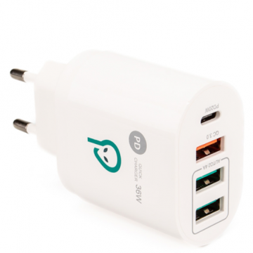 Incarcator Retea Quick Charge 36W 1 x USB Type-C 20W + 1 x USB QC 3.0 + 2 x USB 2.4A Alb