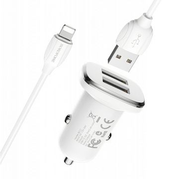 Set Incarcator Auto BZ12 2xUSB 2.4A + Cablu Date Lightning 1m Alb