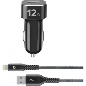 Set Incarcator Auto +Cablu 12V Lightning pentru iPhone  iPad iPod Negru