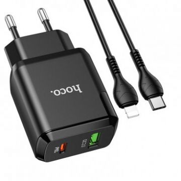 Set Incarcator Auto+ Cablu Date Type-C Lightning Hoco NZ5 1xUSB 2.1A QC3.0 Negru