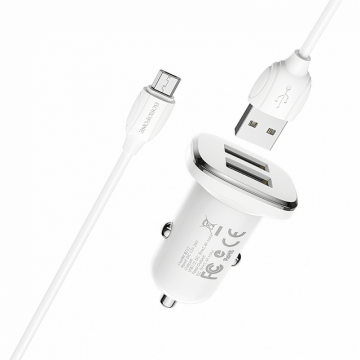 Incarcator Auto BZ12 2x USB 2.4A  cu Cablu MicroUSB 1m Alb