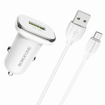 Incarcator Auto BZ12A USB 18W Quick Charge cu Cablu MicroUSB Alb