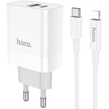Incarcator C80A, USB/USB-C, Quick Charge 3.0, Power Delivery 20W, Cablu Lightning inclus, Alb