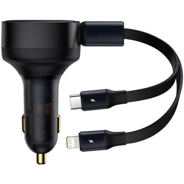 Incarcator Enjoyment Retractable 2in1, USB-C/Lightning, 30W, 75cm, Negru