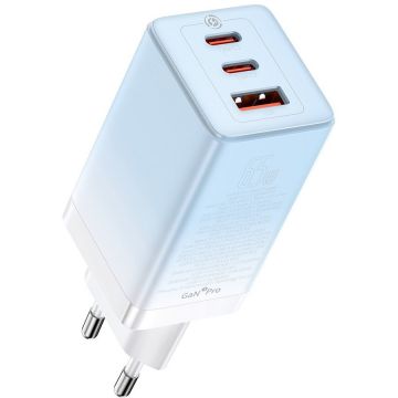 Incarcator GaN3 Pro, USB si 2x USB-C, Quick Charge 4.0, 65W, Cablu USB-C inclus, Albastru