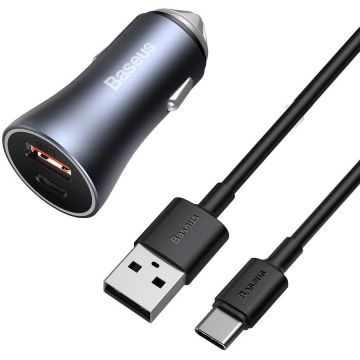 Incarcator Golden, USB/USB-C, Quick Charge 3.0, Power Delivery 40W, Cablu USB-C inclus, Gri