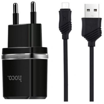 Incarcator retea C12 Smart dual USB cu cablu MicroUSB 2.4A Negru