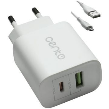 Incarcator Retea P102 MicroUSB USB TipC PD USB 3A 20W Alb