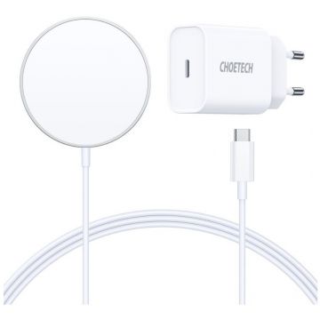 Incarcator T517-F Qi 15W compatibil cu MagSafe si incarcator retea PD 20W, Alb