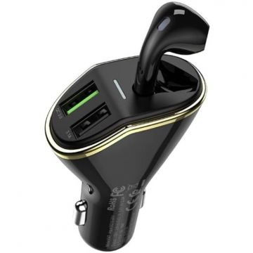 Kit Incarcator Auto plus Casca Wireless E47 Pro Traveller QC 3.0 2x USB Negru