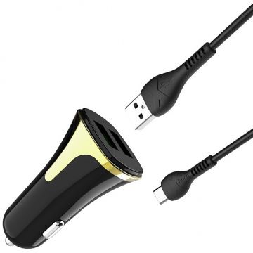 Set Incarcator Auto + Cablu Date Type C Z31 2xUSB 3.4A QC3.0 Negru