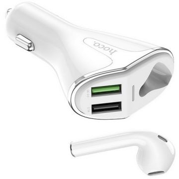 Kit Incarcator Auto plus Casca Wireless E47 Pro Traveller QC 3.0 2x USB Alb