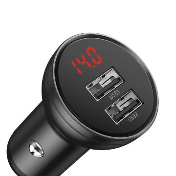 Incarcator Auto Baseus 24 W, Dual USB-A, Afisaj Digital Tensiune Baterie, Gri