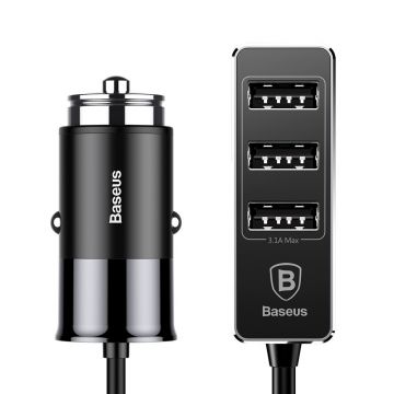 Incarcator auto Baseus Enjoy Together QC 3.0, 4 x USB 5.5 A, Prelungitor Porturi, Lungime Cablu 1,5 m, Negru