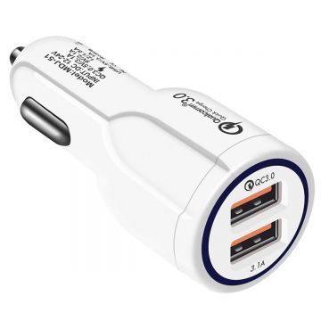 Incarcator Auto Dual 2 USB Techstar® Qualcomm Quick Charge 3.0 Adaptor 9V 2A Bricheta Alb