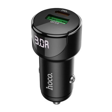 Incarcator Auto Hoco Light Road 20 W, Afisaj Tensiune Baterie, USB-A, Type-C, QC 3.0, Negru