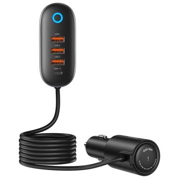 Incarcator Auto USAMS 156 W, Prelungitor Porturi cu Soclu Bricheta, 3 X USB, 1 x Type-C, Negru