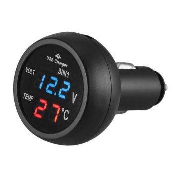 Incarcator Auto USB Techstar® cu Voltmetru si Termometru Digital LCD, Conectare la Bricheta 12/24V