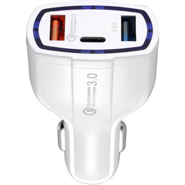 Incarcator auto cu incarcare rapida, QC 3.0, 2 porturi USB + tip C, 20W, alb