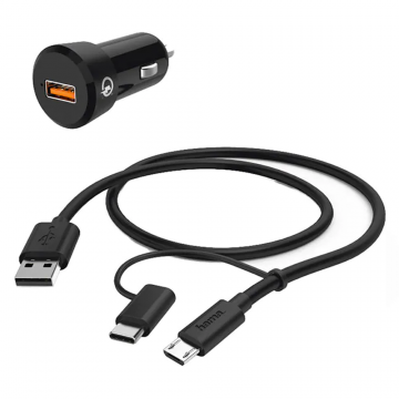Incarcator auto Hama, USB, Quick Charge 3.0, cablu Type C / MicroUSB, negru