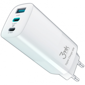 3MK Incarcator Retea USB 3MK HyperCharger, GaN, Quick Charge, 65W, 1 X USB - 2 x USB Type-C, Alb