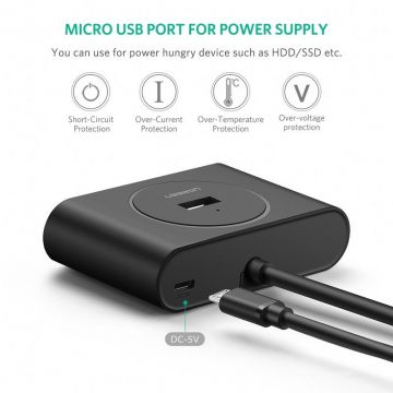 Adaptor HUB 5-in-1 UGREEN CR113, USB/USB-C - 4x USB 3.0, 1x Micro USB, 1m, Negru