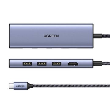 Adaptor HUB 6-in-1 UGREEN CM511, USB-C la 3x USB 3.0, 1x HDMI 2.0, 1x SD, 1x TF, 4K, 60Hz 5Gbps, 20cm, Albastru