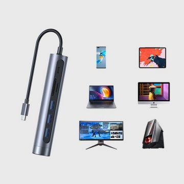 Adaptor HUB 7-in-1 Joyroom S-H112, USB-C - 3x USB 3.0, 1x USB-C, 1x HDMI, 1x SD, 1x Micro SD, Grey