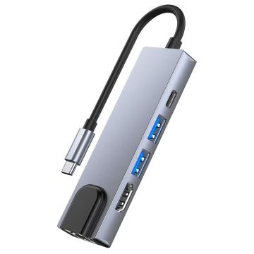 Adaptor HUB aluminiu 5-in-1 Tech-Protect V3 USB Type-C - 2x USB 3.0, 1x USB Type-C, 1x HDMI, 1x RJ45, Gri