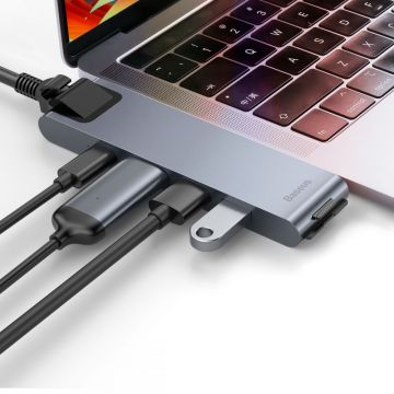 Adaptor HUB aluminiu 7-in-1 Baseus Dual USB Type-C - 1x USB Type-C, 2x USB 3.0, 1x HDMI, 1x LAN, 1x MicroSD, 1x SD