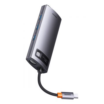 Adaptor HUB aluminiu 7-in-1 Baseus Metal Gleam, USB-C - 3x USB 3.2, 1x HDMI, 1x VGA, 1x PD, 1x RJ45, Gri