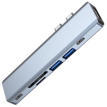 Adaptor HUB aluminiu 7-in-2 Tech-Protect V5 Dual USB Type-C - 2x USB Type-C, 2x USB 3.0, 1x HDMI, 1x MicroSD, 1x SD, Gri