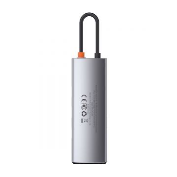 Adaptor HUB aluminiu 8-in-1 Baseus Metal Gleam, USB-C - 3x USB 3.0, 1x HDMI, 1x USB-C, 1x RJ45, 1x MicroSD, 1x SD, Gri