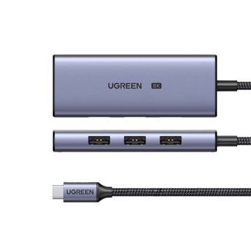 Adaptor HUB aluminiu UGREEN CM500, 4 porturi, USB-C - 3x USB 3.0, 1x HDMI 2.1, 8K, Gri