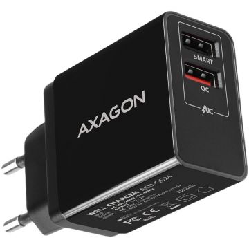 AXAGON Incarcator retea AXAGON ACU-QS24, Smart Charging, 1x 5V/1.2A USB port, 1x USB QC3.0, Negru