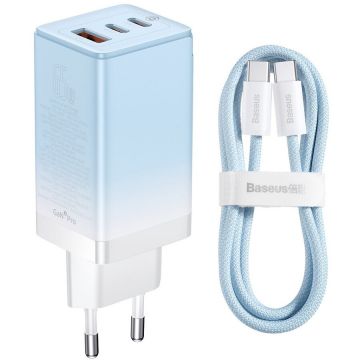 BASEUS Incarcator Retea cu cablu Baseus GaN, Quick Charge, 65W, 1 X USB - 2 x USB Type-C, Bleu CCGP050103