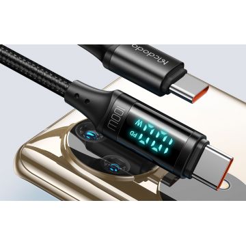 Cablu pentru incarcare si transfer date Mcdodo CA-1100 cu display, USB-C/USB-C, 100W, 5A, 1.2m, Negru