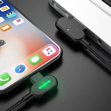 Cablu pentru incarcare si transfer date Mcdodo CA-4673, Unghi incarcare de 90 grade, Indicator LED, USB/Lightning, 2.4A, 1.8m, Negru