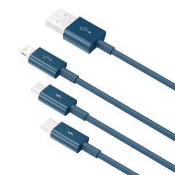 Cablu pentru incarcare si transfer de date Baseus Superior 3 in 1, USB Type-C/Lightning/Micro-USB, 3.5A, 1.5m, Albastru