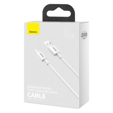 Cablu pentru incarcare si transfer de date Baseus Superior, USB/USB Type-C, 66W, 6A, 2m, Alb