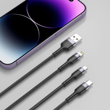 Cablu pentru incarcare si transfer de date TECH-PROTECT UltraBoost 3 in 1, USB Type-C/Lightning/Micro-USB, 3A, 1.2m, Negru