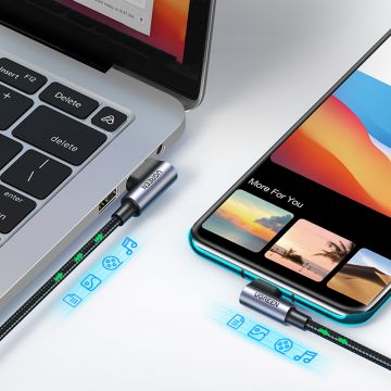 Cablu pentru incarcare si transfer de date UGREEN US176, USB la USB-C, QC 4.0, 3A, 480 Mbps, Unghi incarcare 90 grade, 1m, Negru/Gri