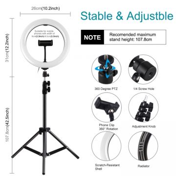 Suport pentru telefoane PKT3044 Puluz pentru Vlogging, Lampa LED, control telecomanda, lumina reglabila RGB/Alba, trepied reglabil, Negru