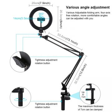 Suport tip brat pentru telefoane PKT3089B Puluz pentru Vlogging, Lampa LED, lumina reglabila, Negru