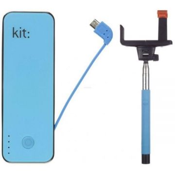 Kit Incarcator portabil universal Fashion, 4500 mAh Selfie Stick extensibil cu control actionare shutter pe bluetooth si suport de telefon, Albastru